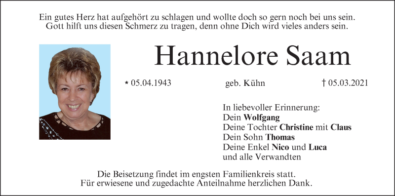  Traueranzeige für Hannelore Saam vom 13.03.2021 aus MGO