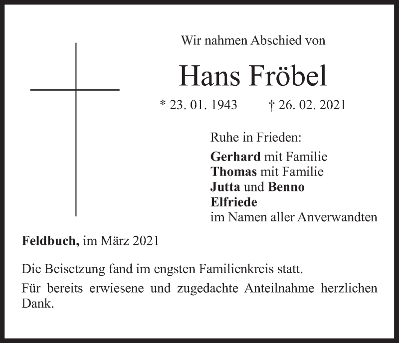  Traueranzeige für Hans Fröbel vom 16.03.2021 aus MGO
