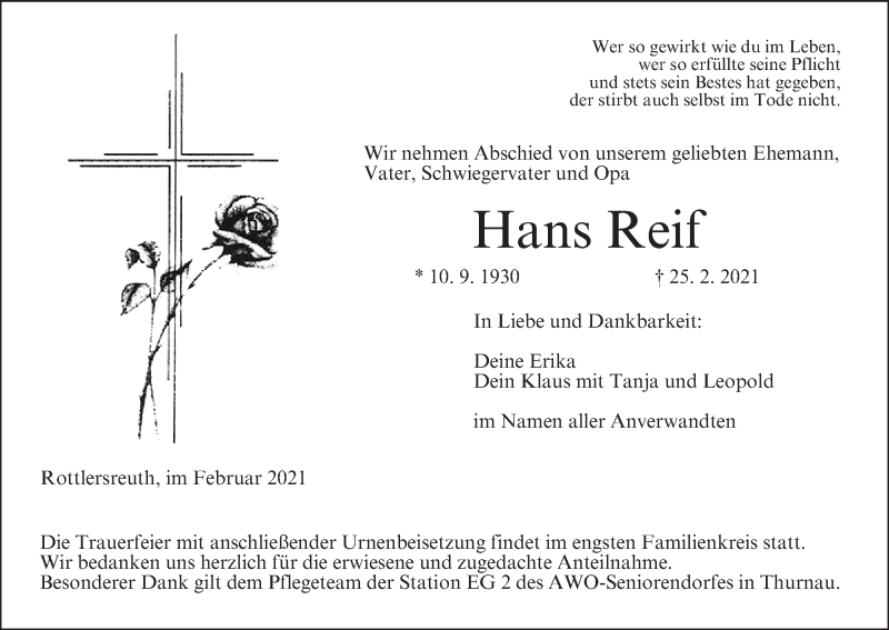  Traueranzeige für Hans Reif vom 06.03.2021 aus MGO