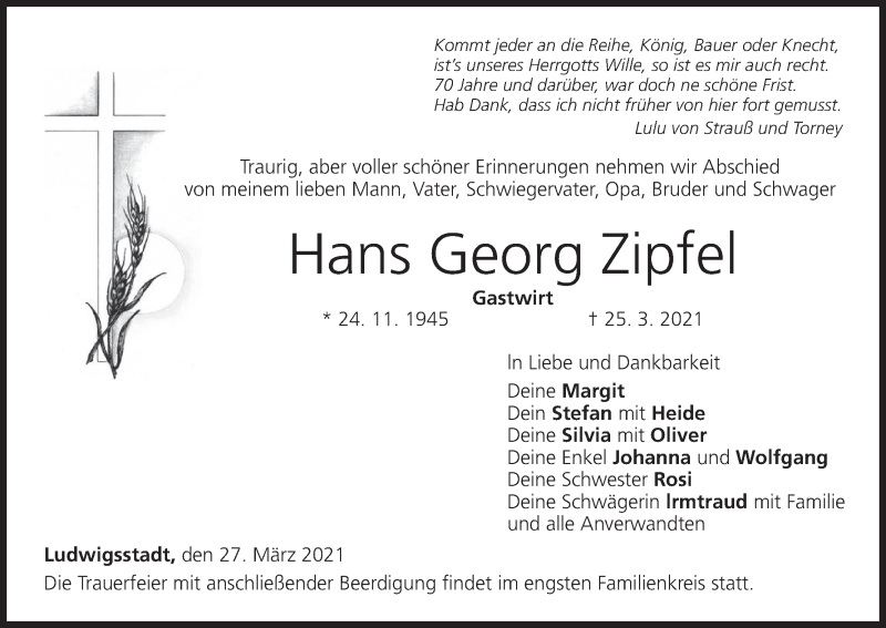  Traueranzeige für Hans Georg Zipfel vom 27.03.2021 aus MGO