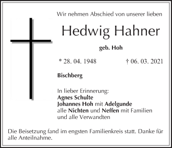 Anzeige von Hedwig Hahner von MGO