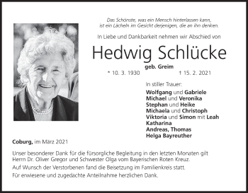 Anzeige von Hedwig Schlücke von MGO