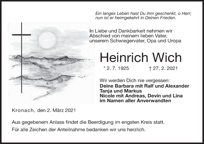  Traueranzeige für Heinrich Wich vom 02.03.2021 aus MGO