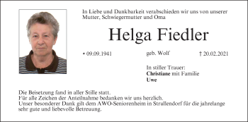 Anzeige von Helga Fiedler von MGO