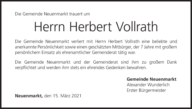 Traueranzeige für Herbert Vollrath vom 17.03.2021 aus MGO