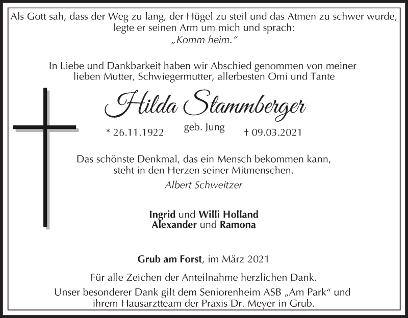  Traueranzeige für Hilda Stammberger vom 20.03.2021 aus MGO