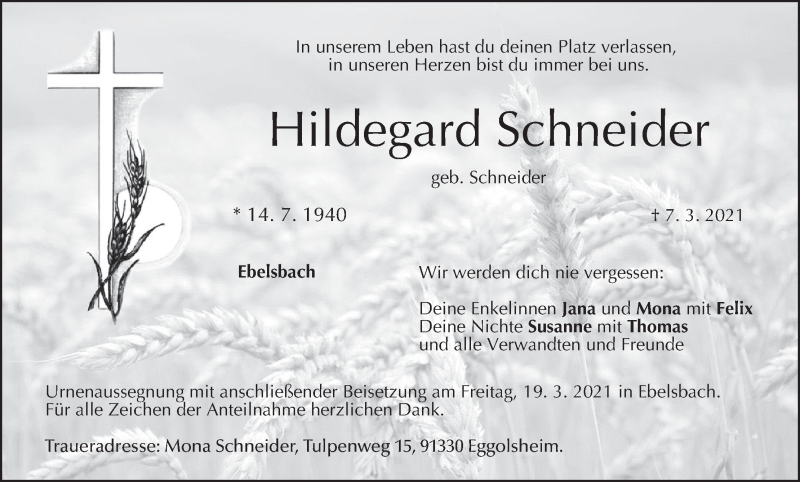  Traueranzeige für Hildegard Schneider vom 17.03.2021 aus MGO