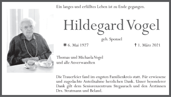Anzeige von Hildegard Vogel von MGO