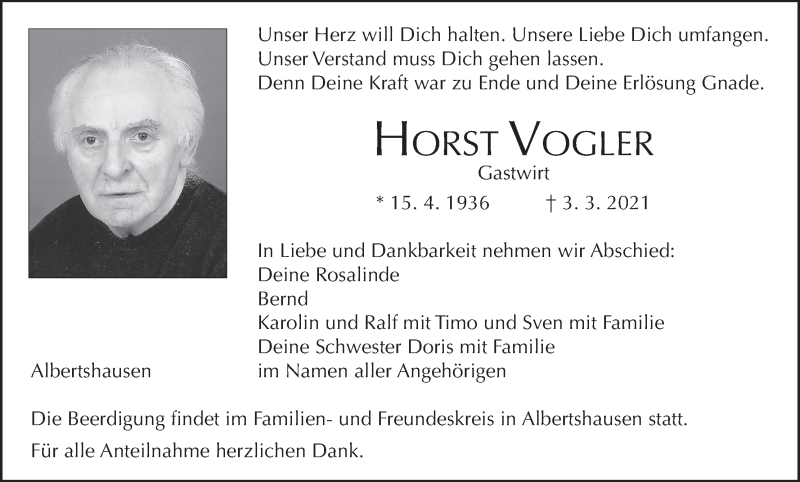  Traueranzeige für Horst Vogler vom 06.03.2021 aus MGO
