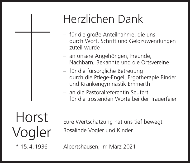  Traueranzeige für Horst Vogler vom 13.03.2021 aus MGO