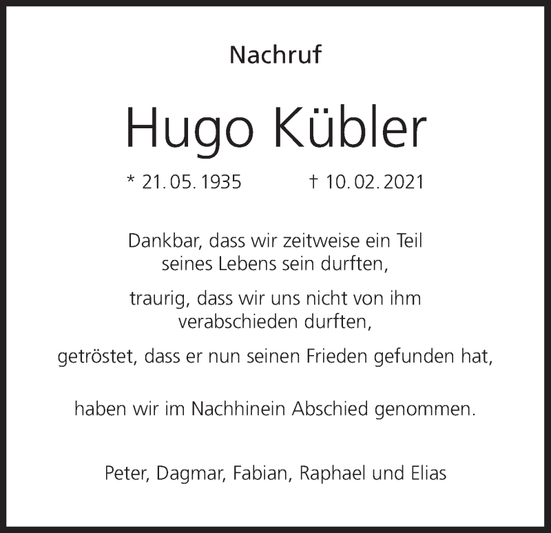  Traueranzeige für Hugo Kübler vom 06.03.2021 aus MGO