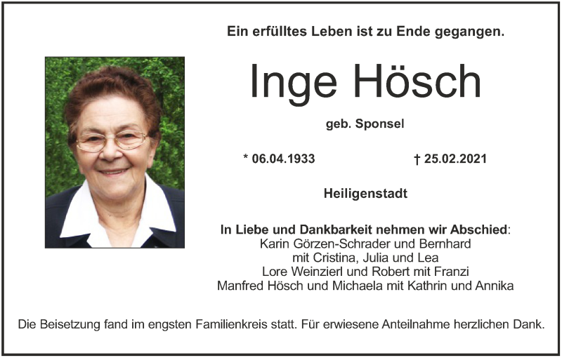  Traueranzeige für Inge Hösch vom 05.03.2021 aus MGO
