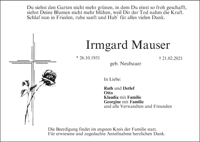  Traueranzeige für Irmgard Mauser vom 06.03.2021 aus MGO