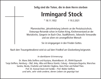 Anzeige von Irmingard Stock von MGO