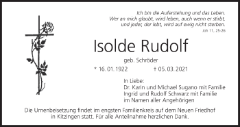Anzeige von Isolde Rudolf von MGO
