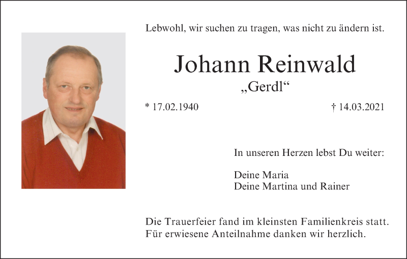  Traueranzeige für Johann Reinwald vom 27.03.2021 aus MGO