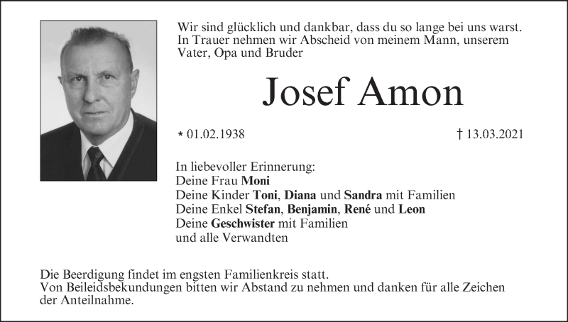  Traueranzeige für Josef Amon vom 17.03.2021 aus MGO