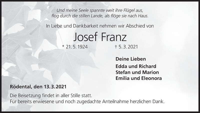  Traueranzeige für Josef Franz vom 13.03.2021 aus MGO