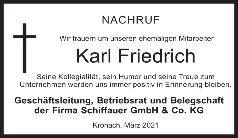  Traueranzeige für Karl Friedrich vom 18.03.2021 aus MGO
