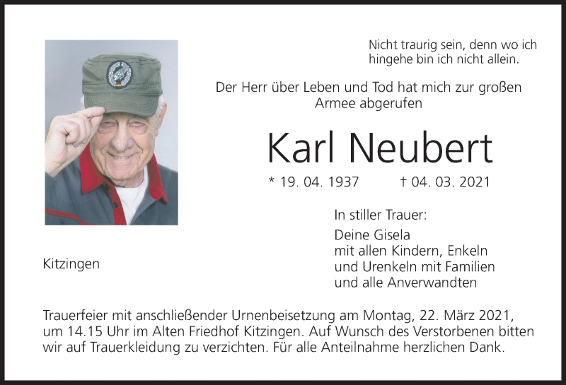  Traueranzeige für Karl Neubert vom 19.03.2021 aus MGO
