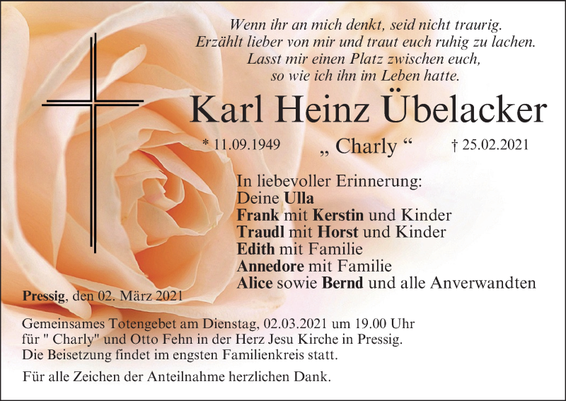  Traueranzeige für Karl Heinz Übelacker vom 02.03.2021 aus MGO