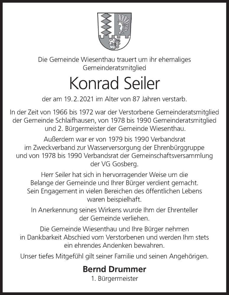  Traueranzeige für Konrad Seiler vom 24.03.2021 aus MGO