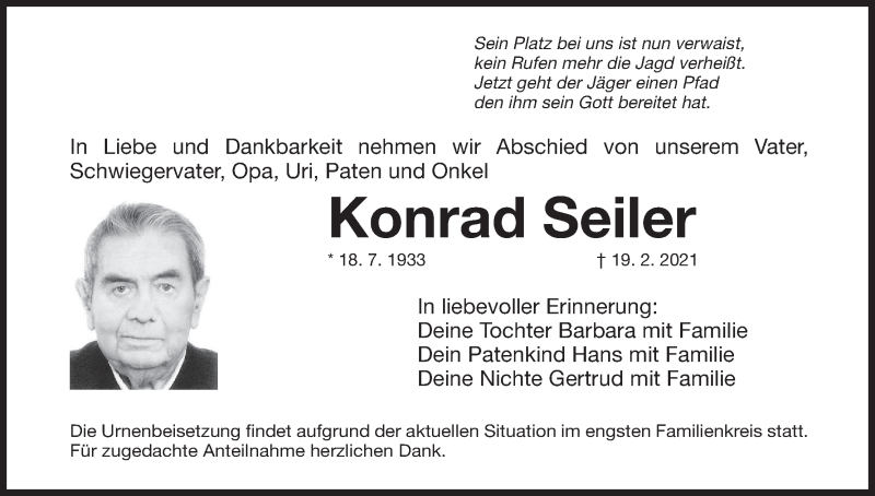  Traueranzeige für Konrad Seiler vom 20.03.2021 aus MGO