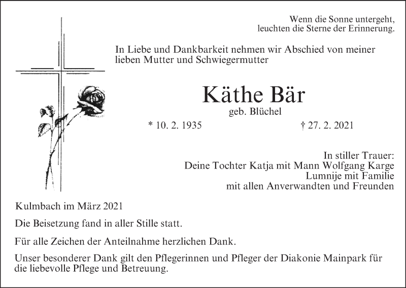  Traueranzeige für Käthe Bär vom 20.03.2021 aus MGO