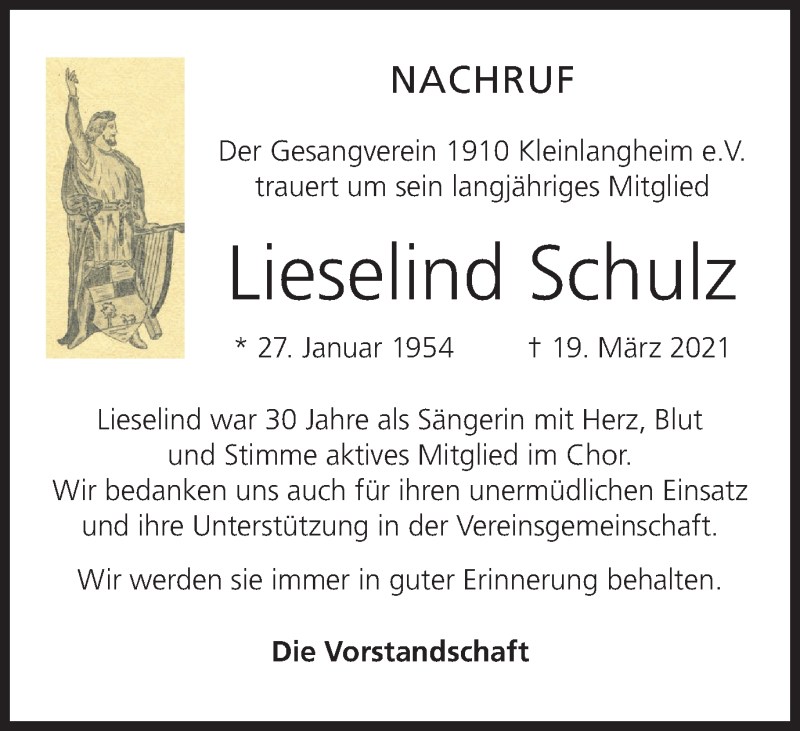  Traueranzeige für Lieselind Schulz vom 27.03.2021 aus MGO