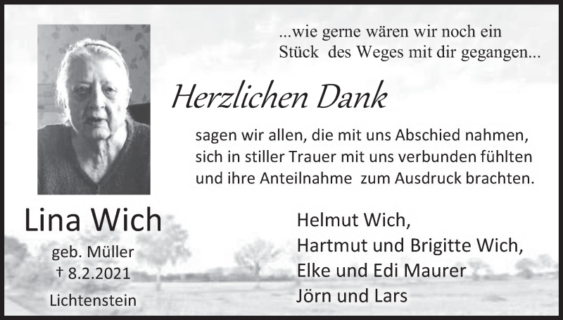  Traueranzeige für Lina Wich vom 06.03.2021 aus MGO