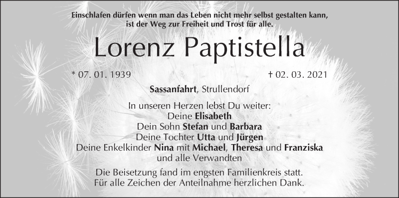  Traueranzeige für Lorenz Paptistella vom 06.03.2021 aus MGO