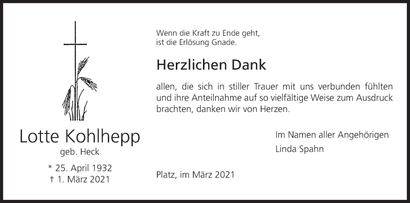  Traueranzeige für Lotte Kohlhepp vom 20.03.2021 aus MGO