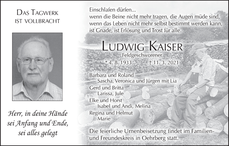  Traueranzeige für Ludwig Kaiser vom 20.03.2021 aus MGO