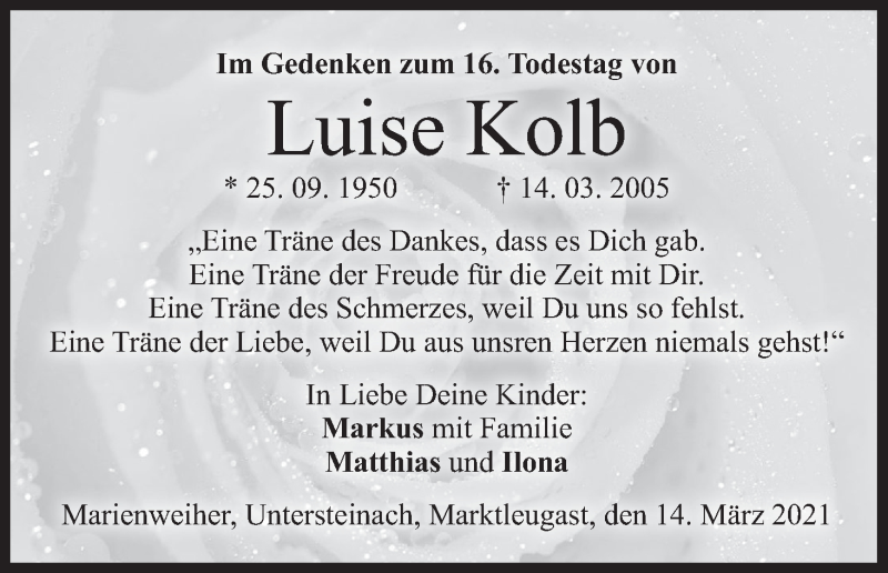  Traueranzeige für Luise Kolb vom 13.03.2021 aus MGO
