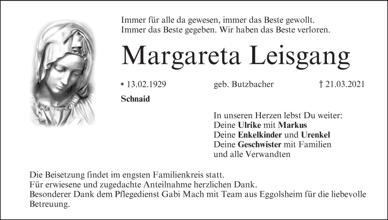  Traueranzeige für Margareta Leisgang vom 27.03.2021 aus MGO