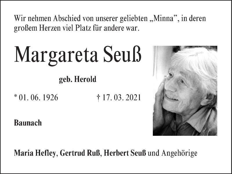  Traueranzeige für Margareta Seuß vom 20.03.2021 aus MGO