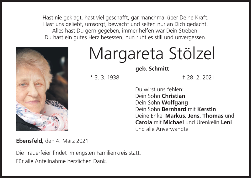  Traueranzeige für Margareta Stölzel vom 04.03.2021 aus MGO
