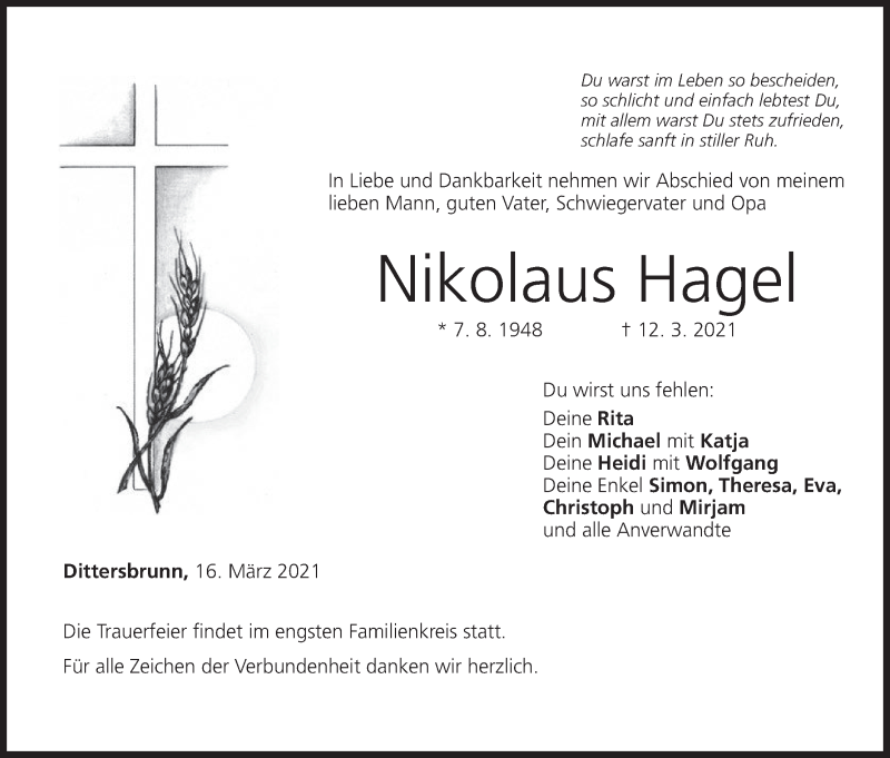  Traueranzeige für Nikolaus Hagel vom 16.03.2021 aus MGO