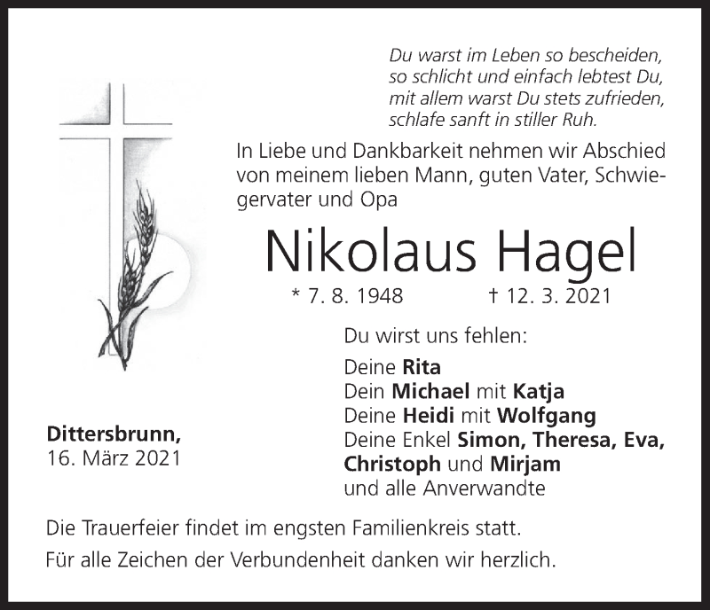  Traueranzeige für Nikolaus Hagel vom 16.03.2021 aus MGO