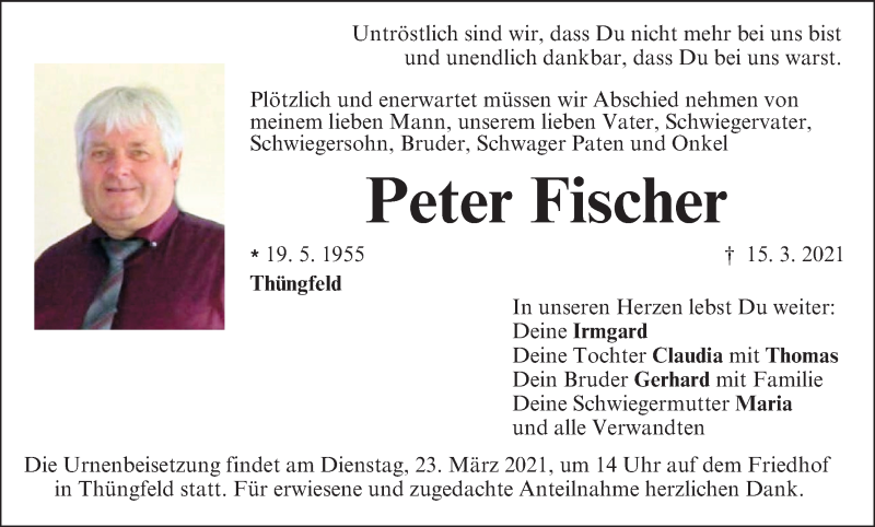  Traueranzeige für Peter Fischer vom 20.03.2021 aus MGO