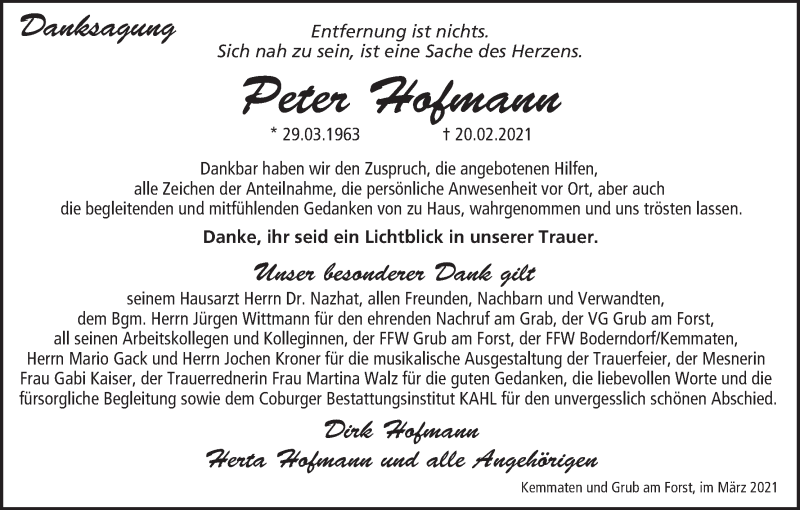  Traueranzeige für Peter Hofmann vom 19.03.2021 aus MGO