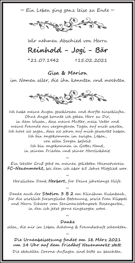  Traueranzeige für Reinhold Jogi Bär vom 13.03.2021 aus MGO