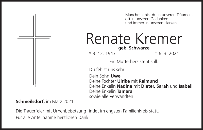 Traueranzeige für Renate Kremer vom 20.03.2021 aus MGO