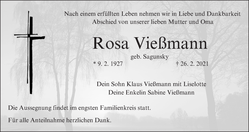  Traueranzeige für Rosa Vießmann vom 01.03.2021 aus MGO