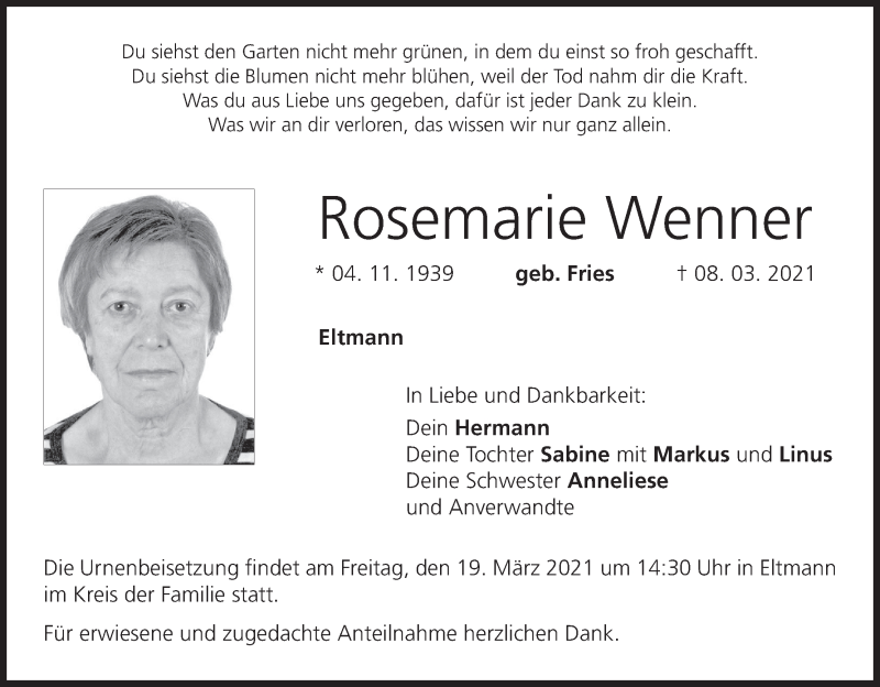  Traueranzeige für Rosemarie Wenner vom 17.03.2021 aus MGO