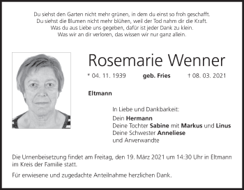 Anzeige von Rosemarie Wenner von MGO