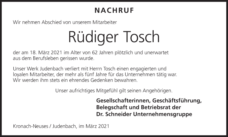  Traueranzeige für Rüdiger Tosch vom 25.03.2021 aus MGO