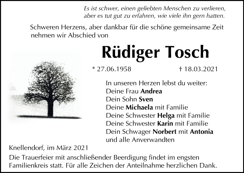  Traueranzeige für Rüdiger Tosch vom 22.03.2021 aus MGO