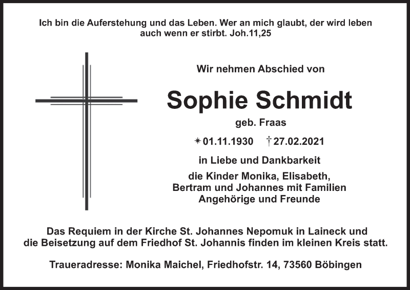  Traueranzeige für Sophie Schmidt vom 06.03.2021 aus MGO