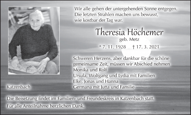  Traueranzeige für Theresia Höchemer vom 20.03.2021 aus MGO